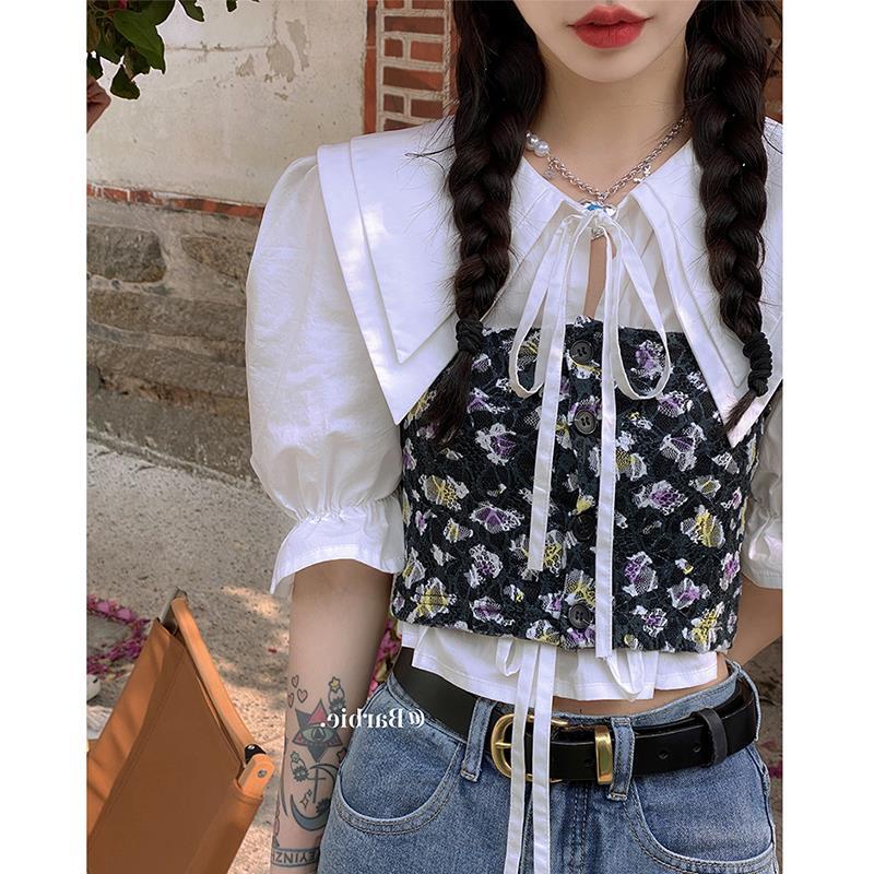 Áo Sơ Mi Tay Phồng Ngắn Cổ Búp Bê In Họa Tiết Hoa Phối Dây Cột Thời Trang Mùa Hè Kiểu Pháp Cho Nữ