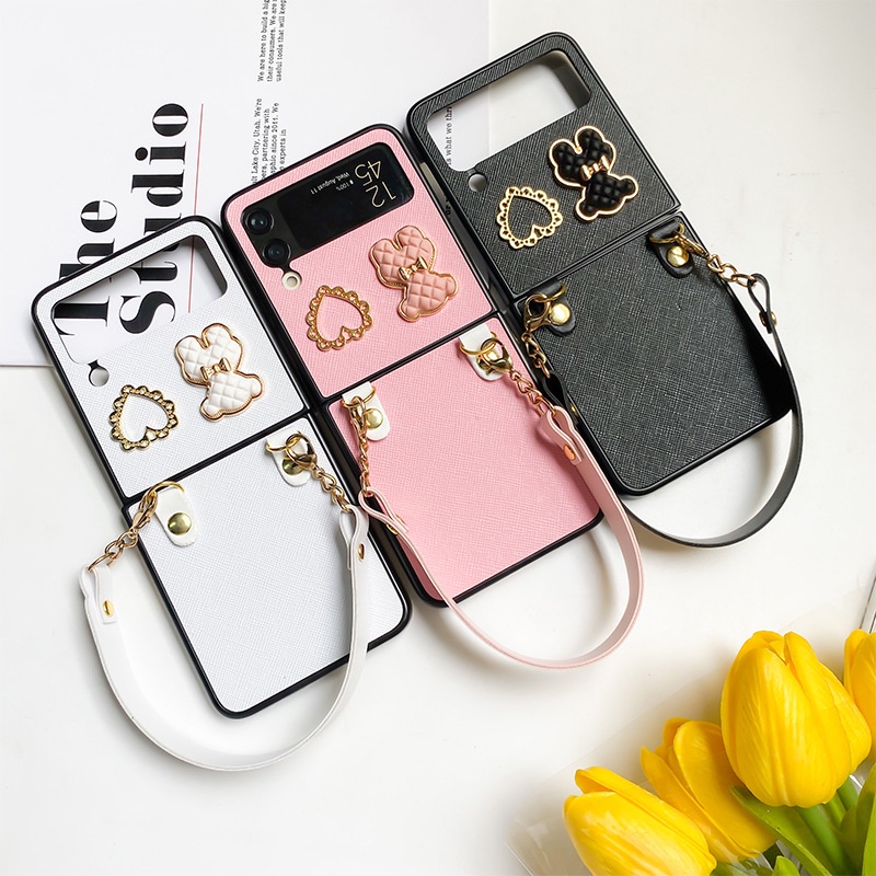 Bao Da pu Điện Thoại Nắp Lật Đính Ngọc Trai Hình Trái Tim Gấu diy Cho samsung galaxy z flip 4 3 flip4 flip3 5g Ốp