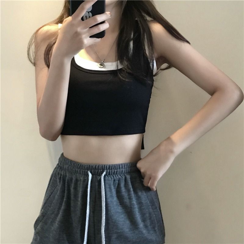 Áo ba lỗ phối màu và dây cách điệu dáng croptop ôm body cho nữ