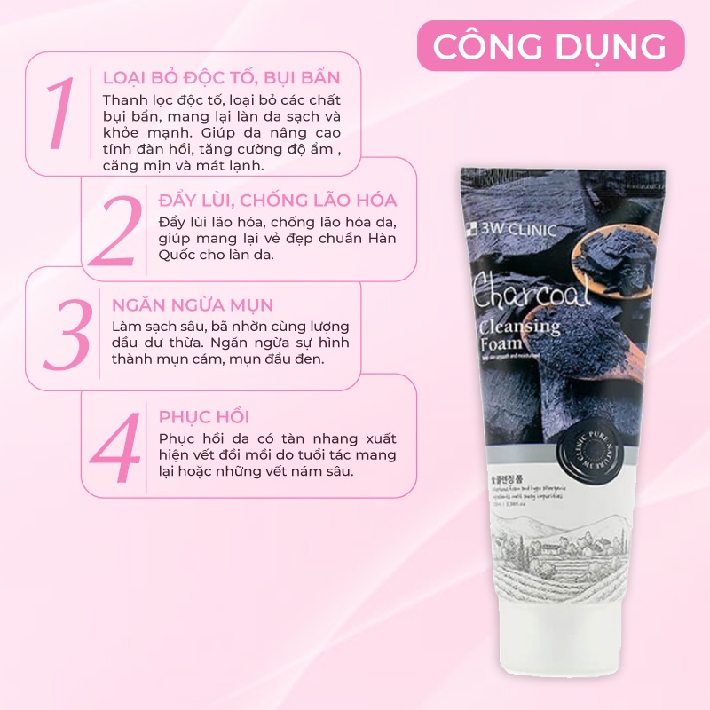 Sữa rửa mặt sạch sâu, ngừa mụn từ than hoạt tính 3W CLINIC CHARCOAL CLEANSING FOAM Hàn Quốc 100ml