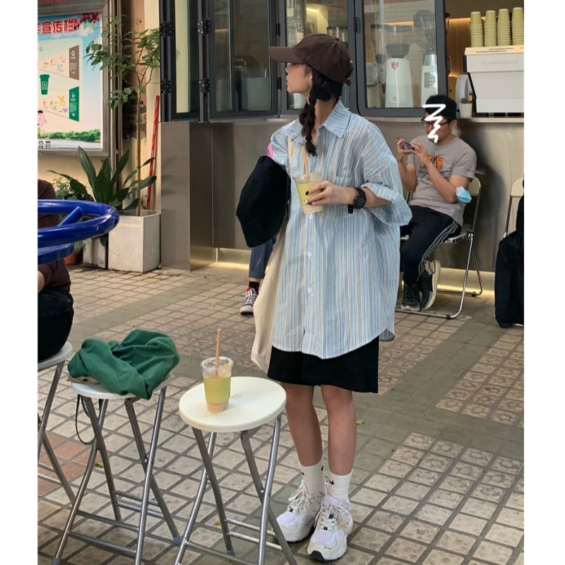 Áo Sơ Mi Nữ Ngắn Tay Kẻ Sọc Dáng Rộng Kiểu Hàn Quốc