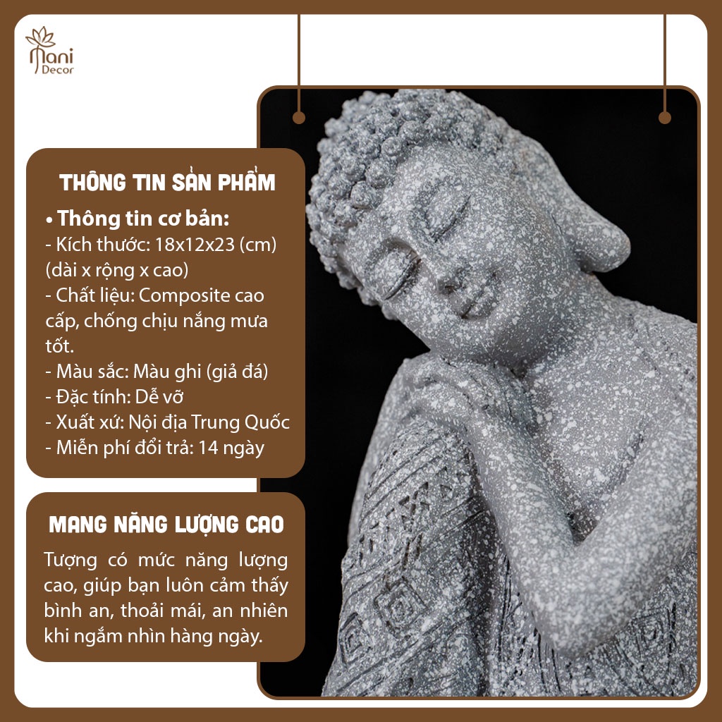 Tượng phật an nhiên giả đá cao 23cm, dùng decor trang trí nhà cửa, sân vườn, ban công - MANI DECOR