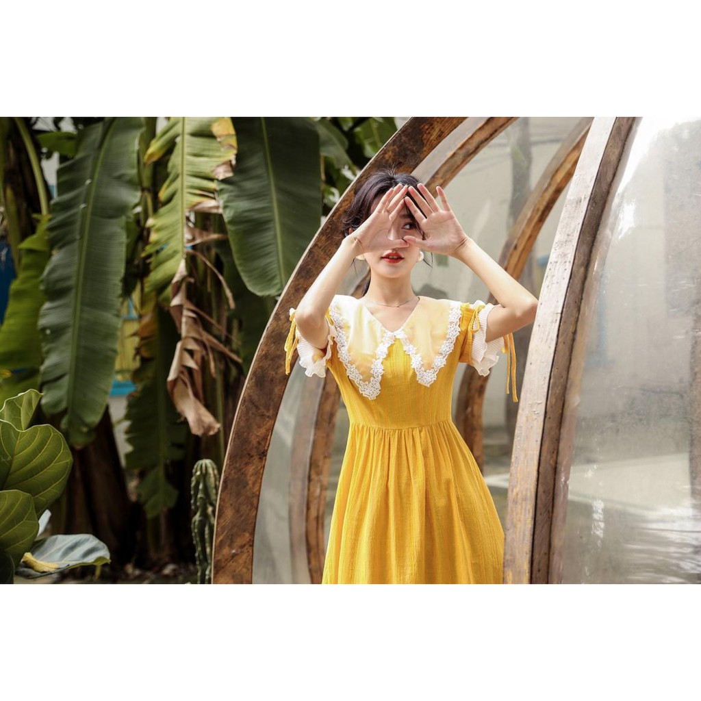 Đầm Vàng Thanh Tao Tay Cách Điệu - Thiết Kế - Hàng Cao Cấp