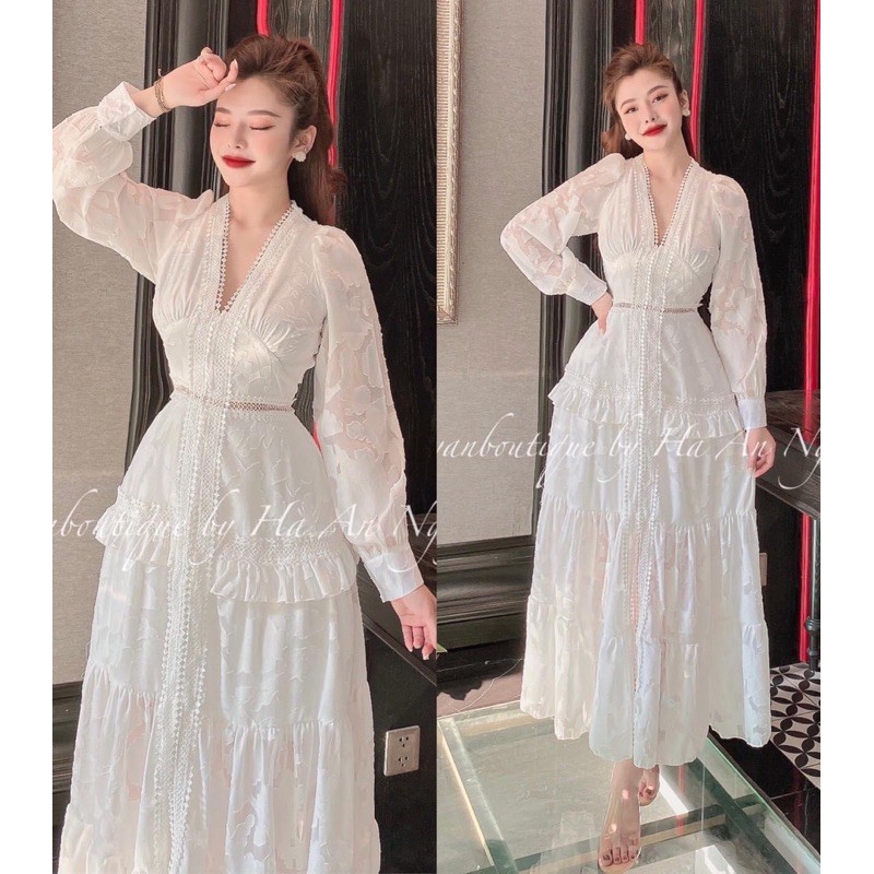 Đầm Maxi Ren Trắng Tay Dài Cổ V Nút, Đầm Dự Tiệc, Đi Biển, Chụp Ảnh (Ảnh Thật) | BigBuy360 - bigbuy360.vn