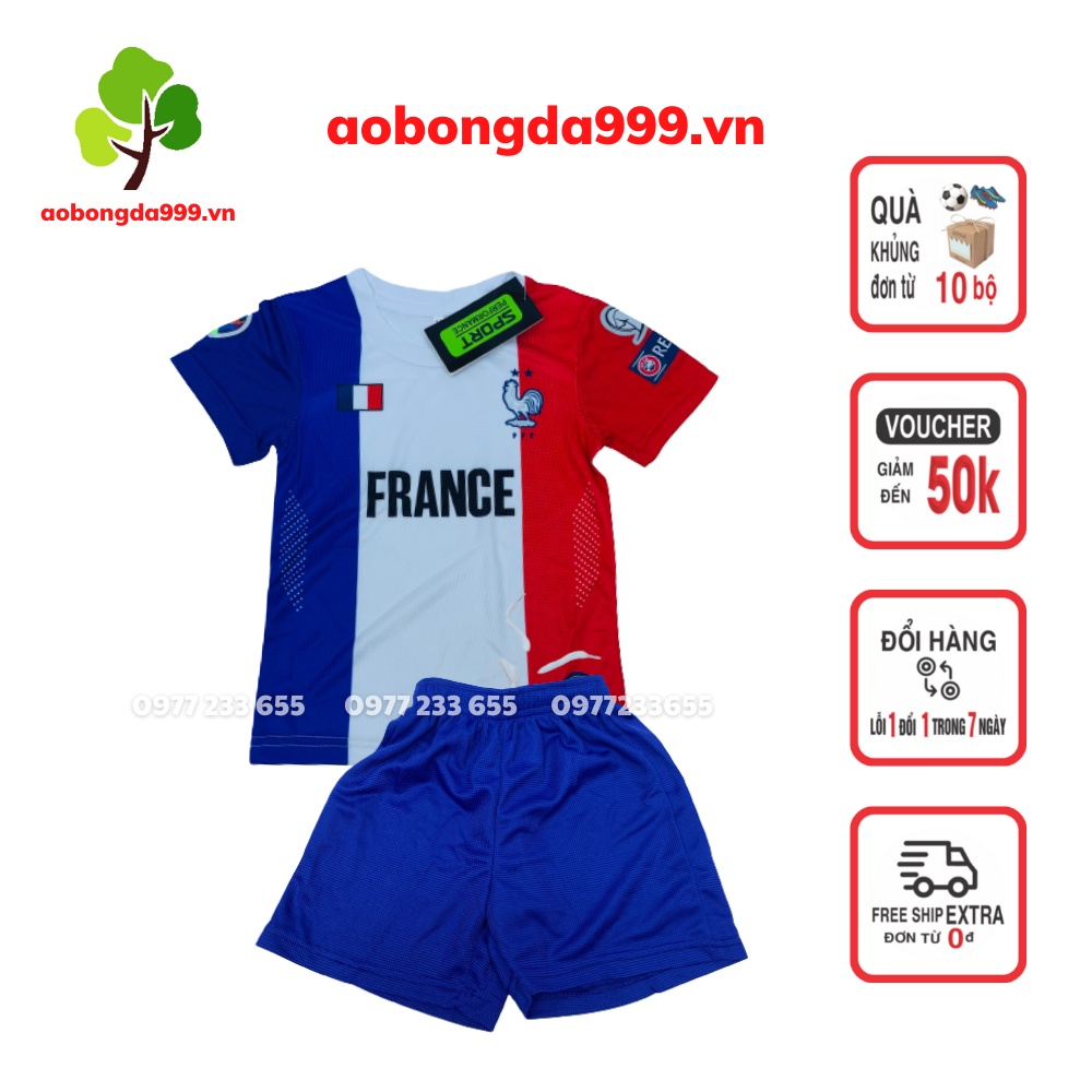 Bộ quần áo thể thao - quần áo đá bóng -áo con nít từ 13-45kg đội tuyển Pháp dệt lỗ kim - aobongda999.vn