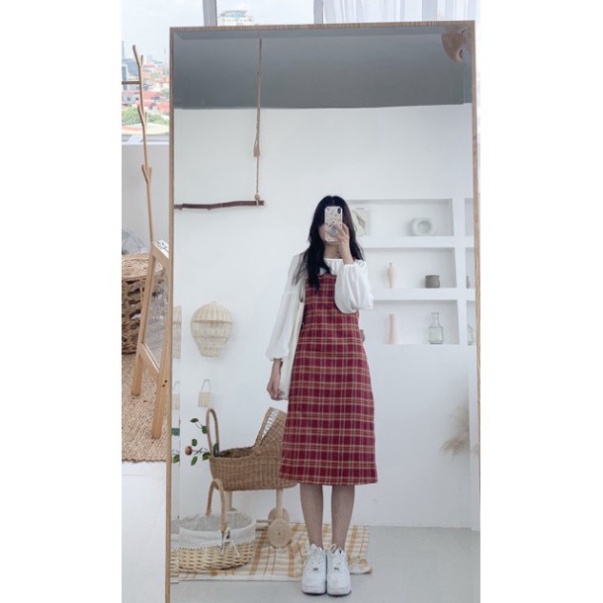 [ẢNH THẬT+VIDEO] Set Váy Yếm Kẻ Caro + Áo Tay Bồng Ullzzang
