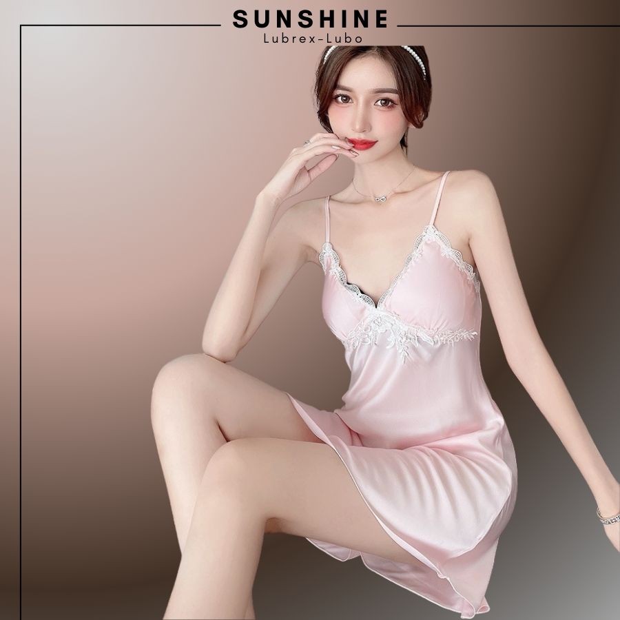 Váy Ngủ Lụa Sexy 2 Dây Satin Phối Ren Có Mút Ngực Quyến Rũ Gợi Cảm Màu Hồng - SUNSHINE LUBREXLUBO -VL165