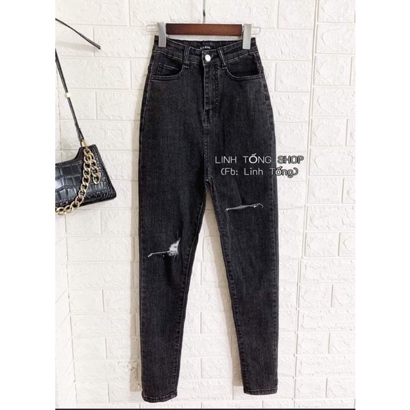 BigSize Quần Dài Jean Muối Tiêu Đen Rách - Co Giãn Mạnh - Lưng Siêu Cao
