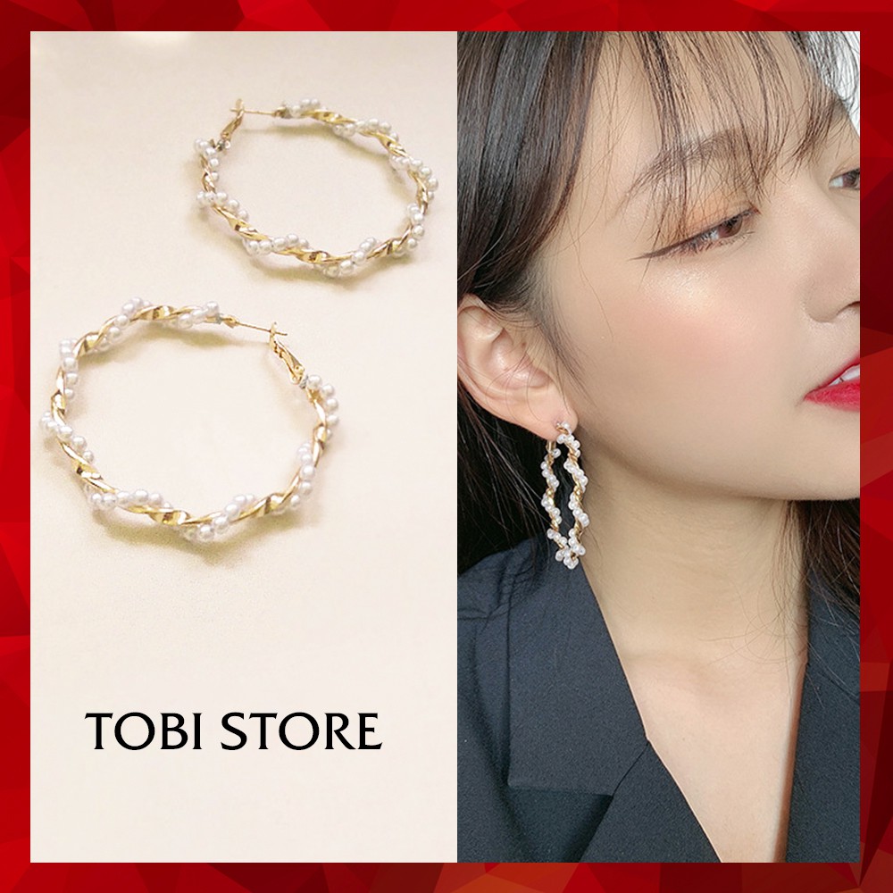 Khuyên tai nữ tròn to xoắn bện đính ngọc trai nhân tạo trắng TB32 TOBI STORE