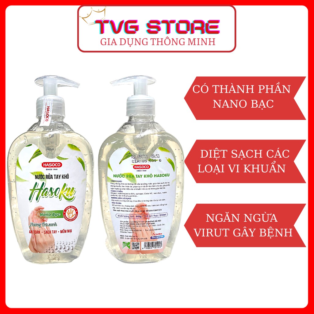 Nước Rửa Tay Khô, Gel Rửa Tay Khô Sát Khuẩn HASOKU 500ml Nano Bạc Hương Trà Xanh