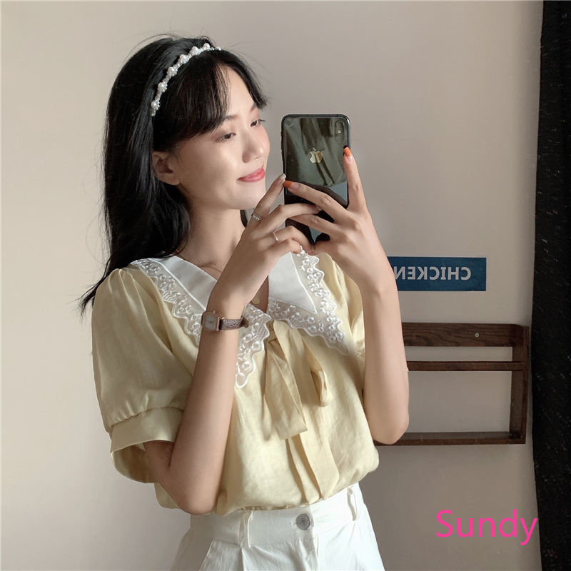 Áo Kiểu Chất Chiffon Tay Phồng Phối Ren Hoa Thiết Kế Ngọt Ngào Thời Trang Mùa Hè