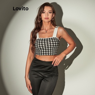 Lovito Áo tank top kẻ sọc caro màu đen thời trang thường ngày cho nữ L11D05