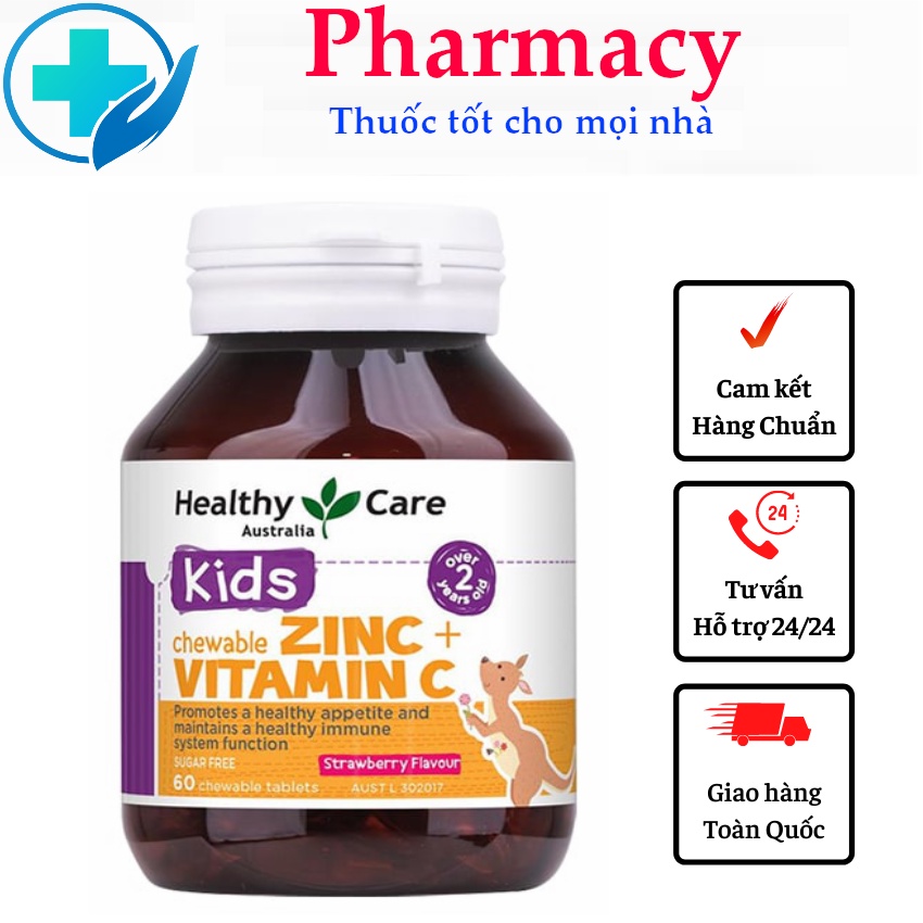 Viên nhai bố sung kẽm cho bé Healthy Care Zinc + Vitamin C của úc 60 -Tăng sức đề kháng, phòng ngừa bé ốm vặt