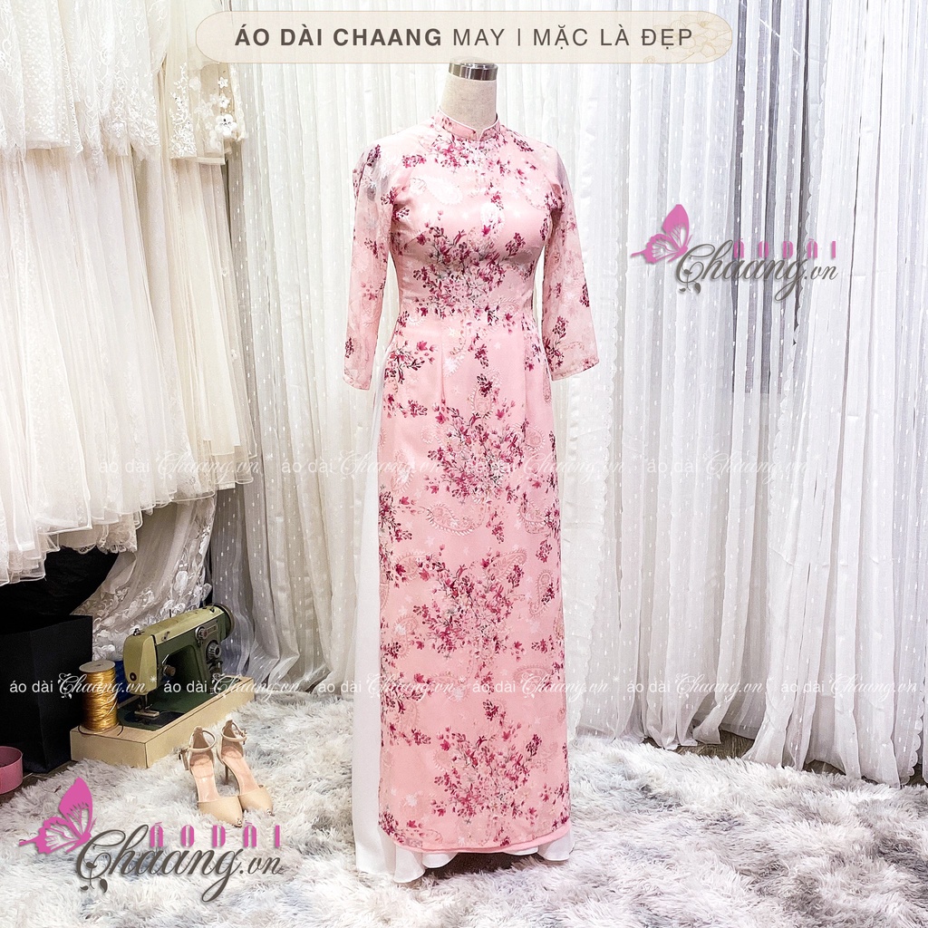 Áo dài hoa nhí hồng truyền thống may sẵn áo dài 4 tà lụa đẹp HT021
