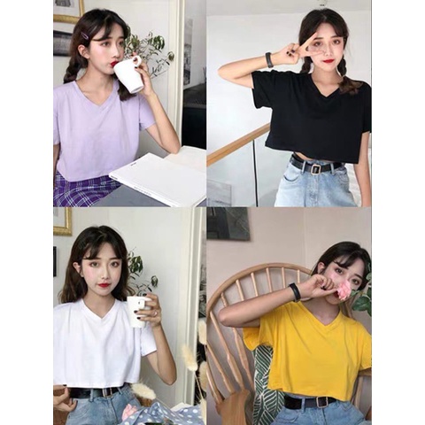 Áo Thun Croptop Cổ Tim Madela Đủ Màu Siêu Dễ Thương, Croptop Cổ V Ngắn Tay Chất Dày Dặn