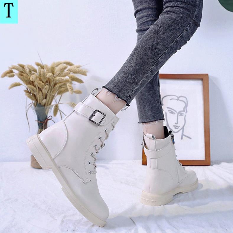 Giày bốt martin gót dày cổ thấp cột dây phối khóa kéo bên hông kiểu Anh thời trang thu đông mới cho nữ 2021 JSO