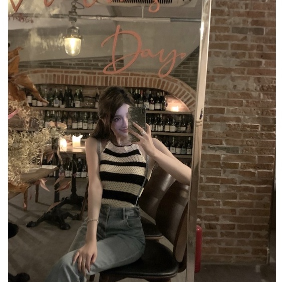 Áo hai dây dệt kim kẻ sọc phong cách retro thời trang Hàn Quốc cho nữ