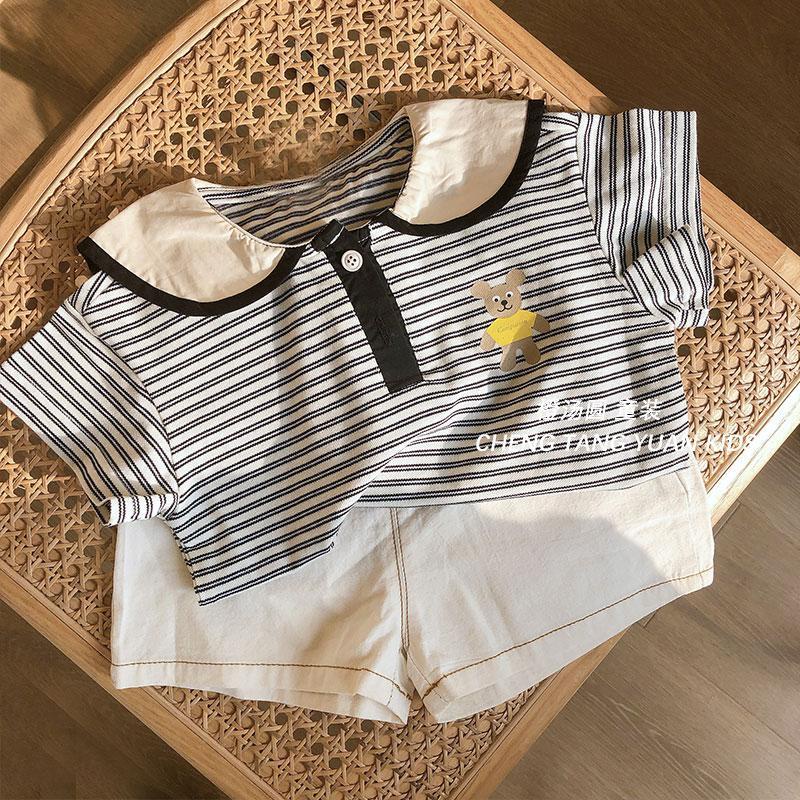 Bộ Áo Thun Tay Ngắn Kèm Quần Ngắn In Hình Gấu Dễ Thương Phong Cách Hàn Quốc Thời Trang Mùa Hè Cho Bé Gái