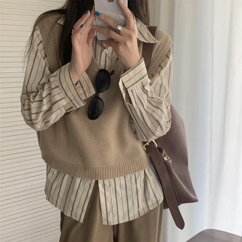 Set áo sơ mi kẻ sọc dài tay + áo len cổ chữ V phong cách Hàn Quốc retro  mới cho nữ