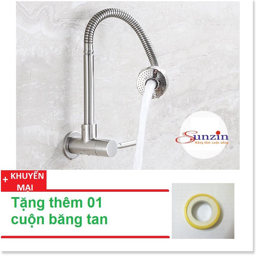 Vòi rửa chén cắm tường cần sun Sunzin, inox 304, tặng thêm 01 cuộn băng tan