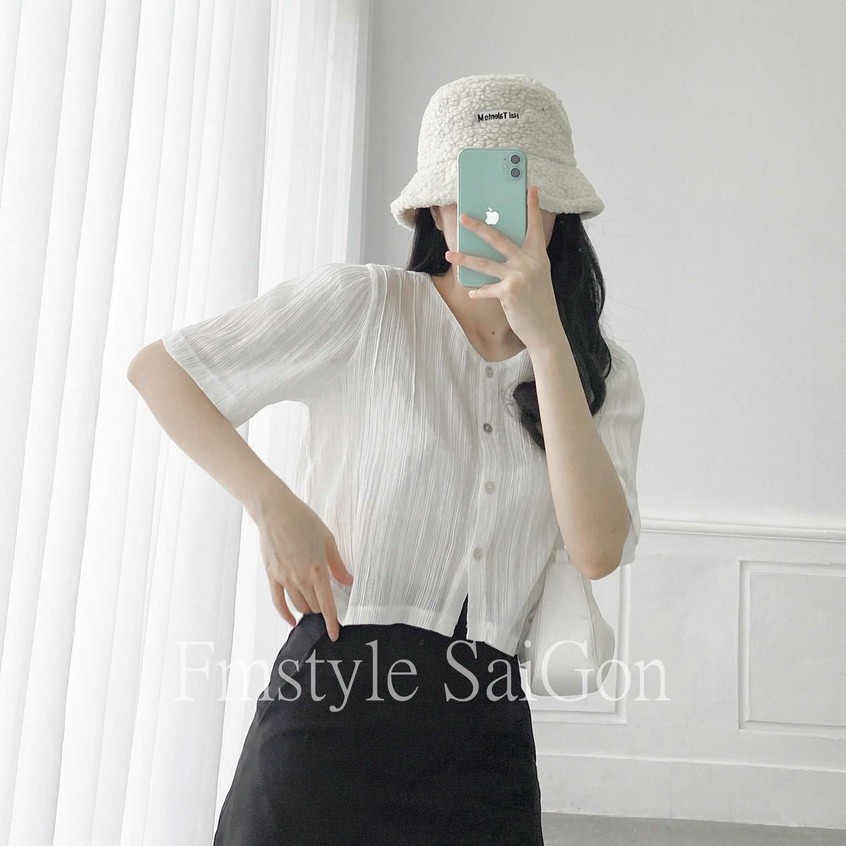 Áo sơ mi tay ngắn 4 nút croptop chít vai ulzzang thời trang nữ VM STYLE 21SU062X1701