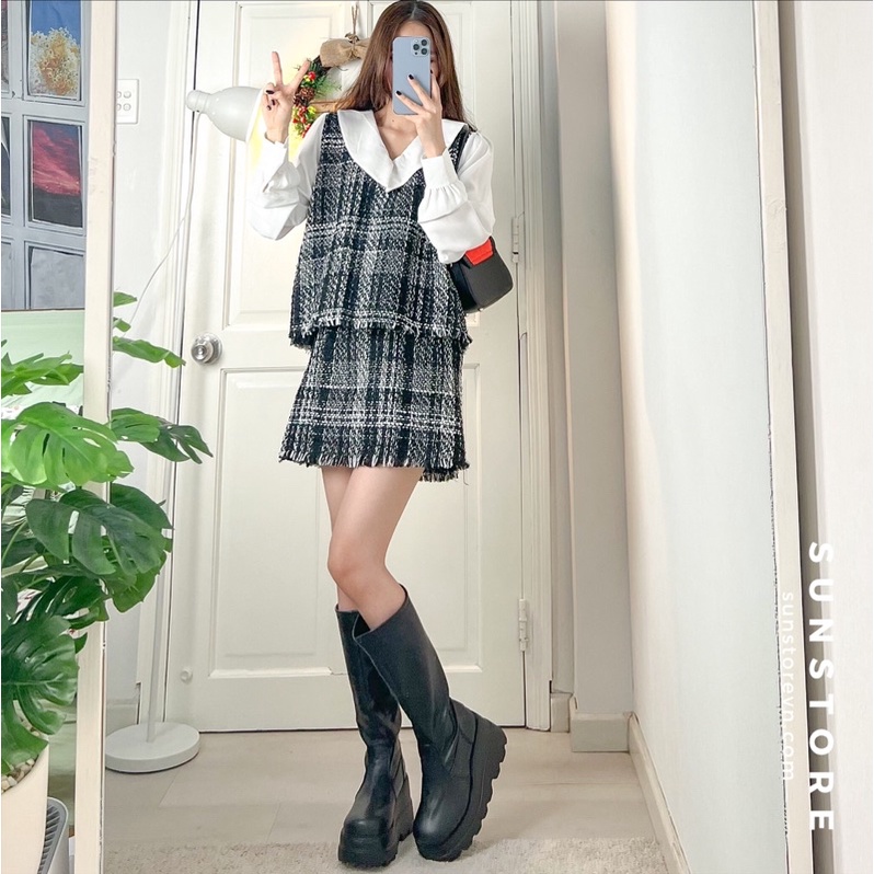 Set đồ nữ đẹp đi chơi áo tay dài phối voan có lớp lót và chân váy ngắn mini phía sau bo chun
