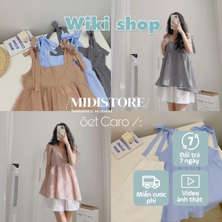 Set áo 2 dây kẻ 3 màu - Set áo hai dây kẻ mix quần sooc trắng cạp chun freesize phom rộng dáng suông c773