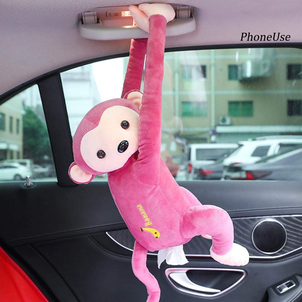 Túi đựng khăn giấy treo xe hơi hình khỉ con nhồi bông da pu