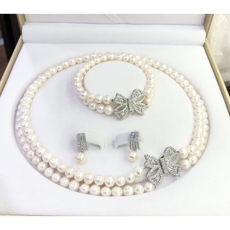 Bộ trang sức hạt nhỏ 6-7ly khóa nơ trẻ trung