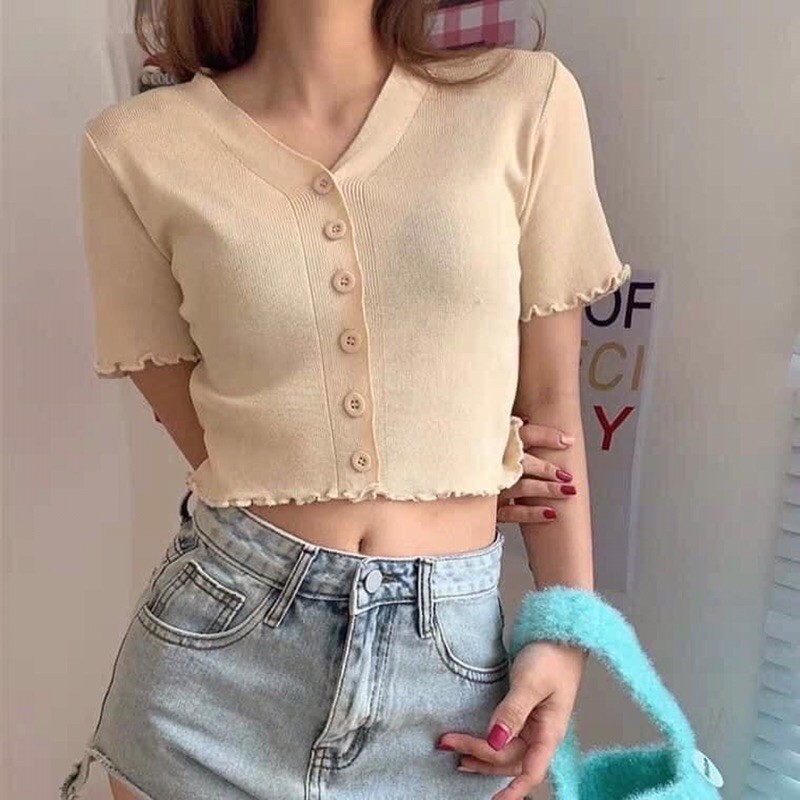 Áo croptop len mông cộc tay viền bèo 6 cúc (khuy) 1099#