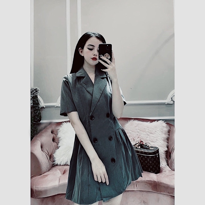Đầm váy xám cổ vest xếp li