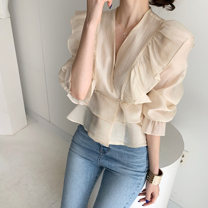 Áo Sơ Mi Chiffon Tay Phồng Cổ Chữ V Phong Cách Hàn Quốc Thời Trang Cho Nữ