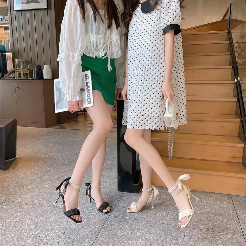 Giày cao gót 7p thắt nơ giày sandal gót 7p cột nơ quai cườm xinh