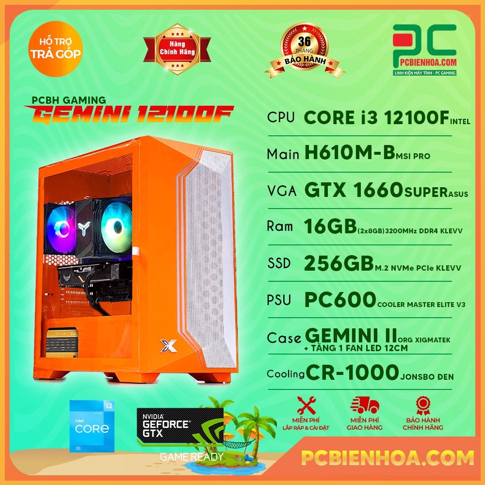 Thùng máy tính PCBH GAMING GEMINI 12100F ( CORE I3 12100F / H610M / GTX1660SUPER / 16GB / 256GB ) 36T