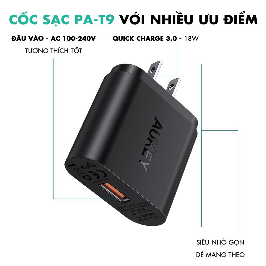 Cốc Sạc Nhanh AUKEY PA-T9, Q.C 3.0 18W Sạc Nhanh Gấp 4 Lần Sạc Thường - Bảo hành 24T