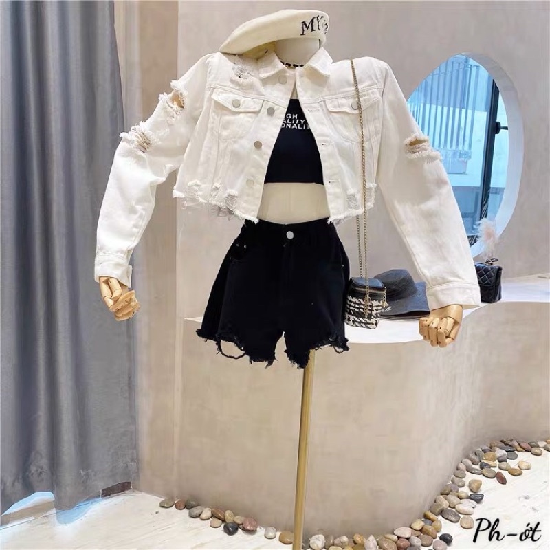 Áo khoác jean lửng rách