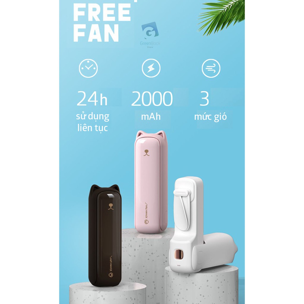 Quạt Mini Cầm Tay Kitten Fan pin 2000mAh | Kiêm Sạc Dự Phòng , Đèn LED