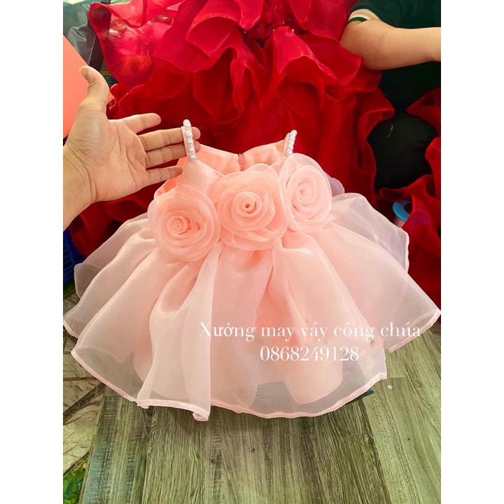 Váy Công Chúa 2 Dây Cho Bé Yêu, Đầm Công Chúa 2 Dây Thiết Kế 3 Bông Hoa Hồng Trước Ngực Tinh Tế Siêu Chảnh