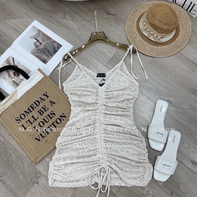 Đầm 2 dây ren rút dây mặc ngoài bikini vân tiny