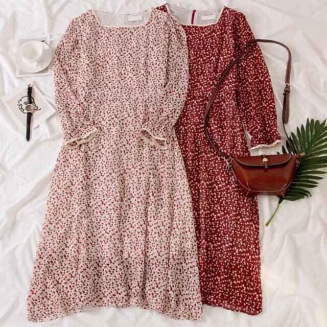 Đầm vintage - đầm hoa nhí cổ vuông dài tay | BigBuy360 - bigbuy360.vn