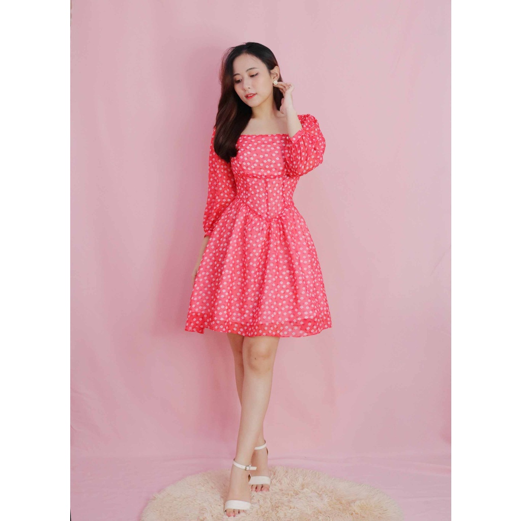 Đầm hoa nhí đỏ cổ vuông dáng xòe thiết kế xinh thanh lịch tay lỡ thời trang cao cấp đi tiệc đi chơi 