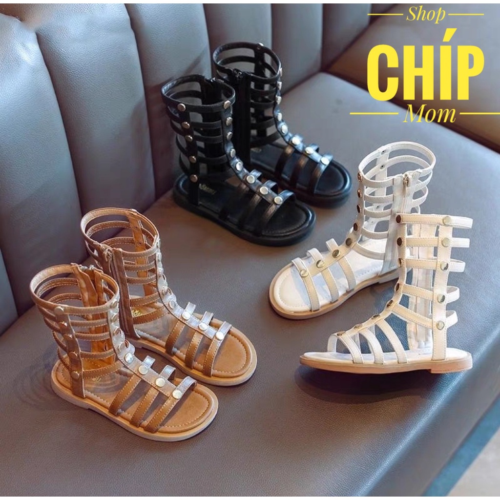 sandal chiến binh bé gái cổ cao có khóa kéo da PU mềm đính đinh cá tính thời trang QCCC full hộp 370 ( có ảnh thật )