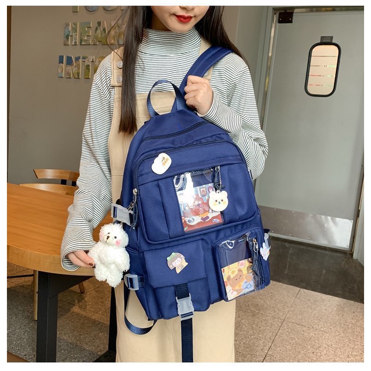 Balo học sinh kính vuông chống nước, ulzzang basic đi học đi chơi, tặng kèm gấu và sticker ngẫu nhiên