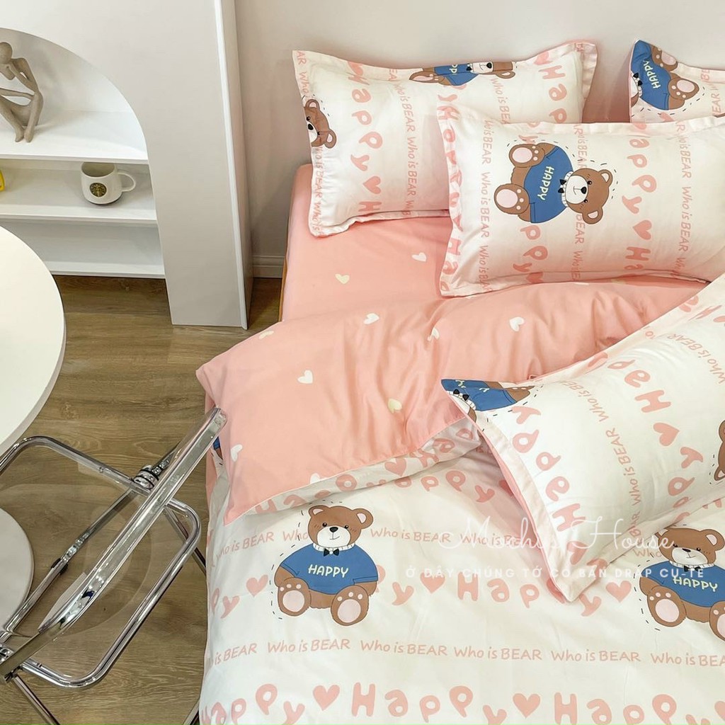 BỘ CHĂN GA GỐI POLY COTON CHÚ GẤU HAPPY SIÊU XINH DRAP GIƯỜNG