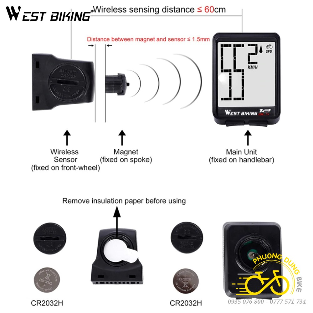 Đồng hồ đo tốc độ xe đạp không dây WEST BIKING 12WLS có đèn nền