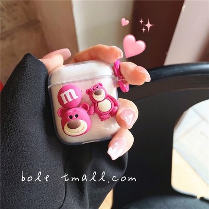 Vỏ bảo vệ hộp sạc tai nghe không dây Airpods pro 1 / 2 hình gấu dâu màu dạ quang đáng yêu