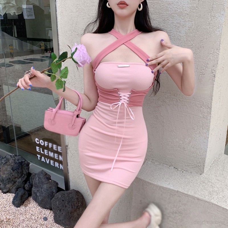 Đầm Không Tay Màu Sắc Tương Phản Phong Cách Hàn Quốc Cho Nữ