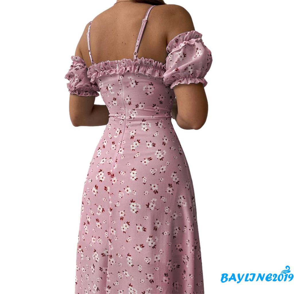 BAY-Women’s Casual Suspender Short Sleeve Dress Fashion Floral V-neck Split Mid-length Dress