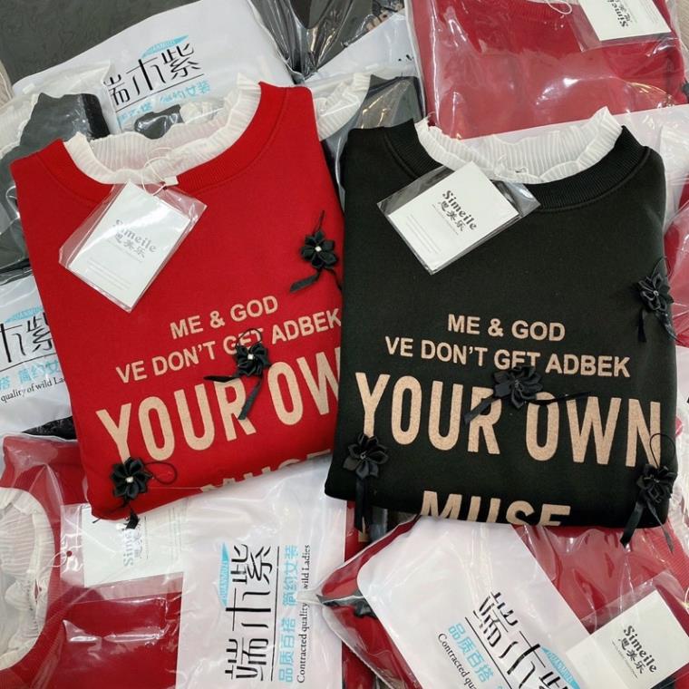 ÁO NỈ PHỐI CỔ REN TRẮNG CHỮ HOA NỔI SIÊU XINH