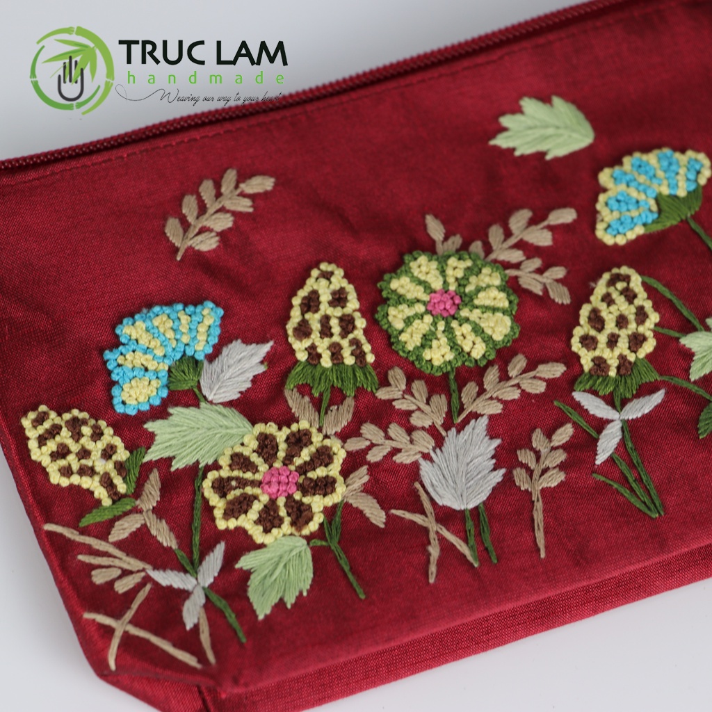 Ví Cầm Tay Túi Đựng Vải Tafta Họa Tiết Hoa Cỏ Thêu Tay - Trúc Lâm Handmade